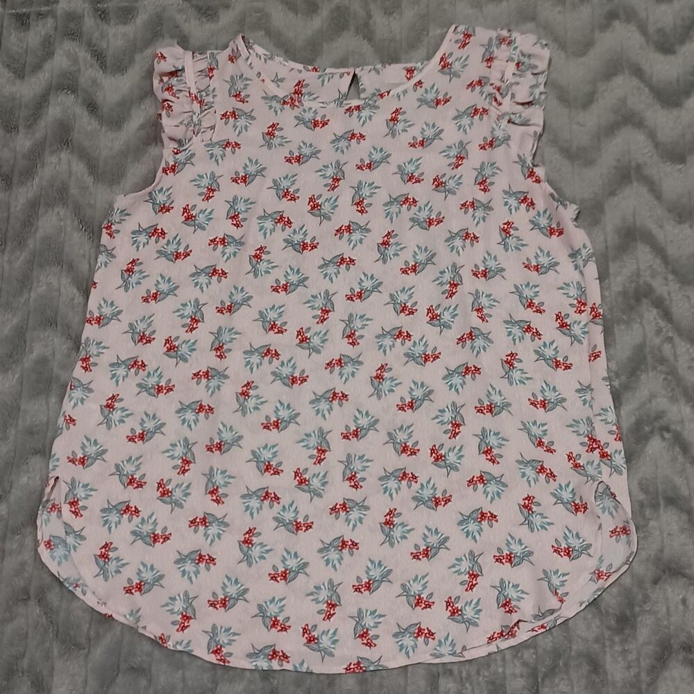 Loft Womens Size M Pink Sleeveless Floral Mistletoe Ruffle Blouse Top